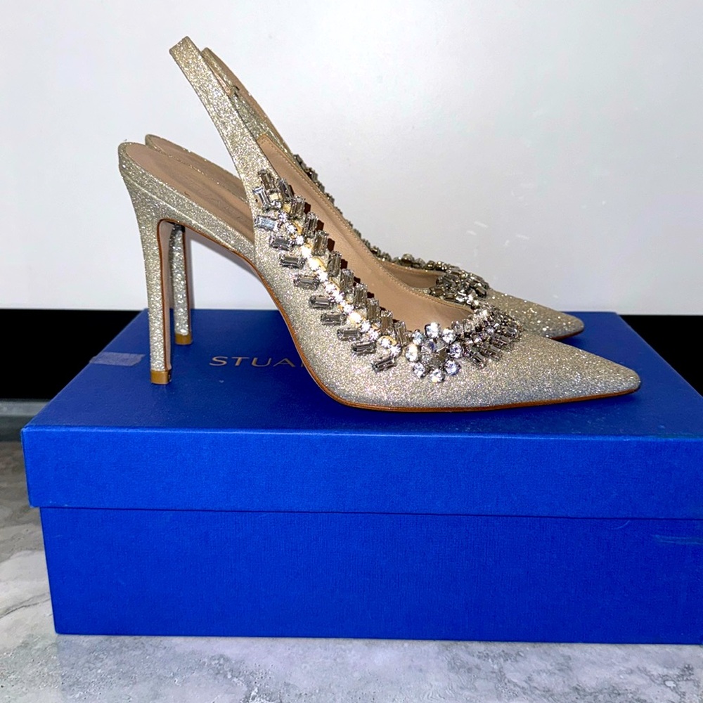 Stuart Weitzman Promise 100 Slingback Shoe in Fine Glitter Silver